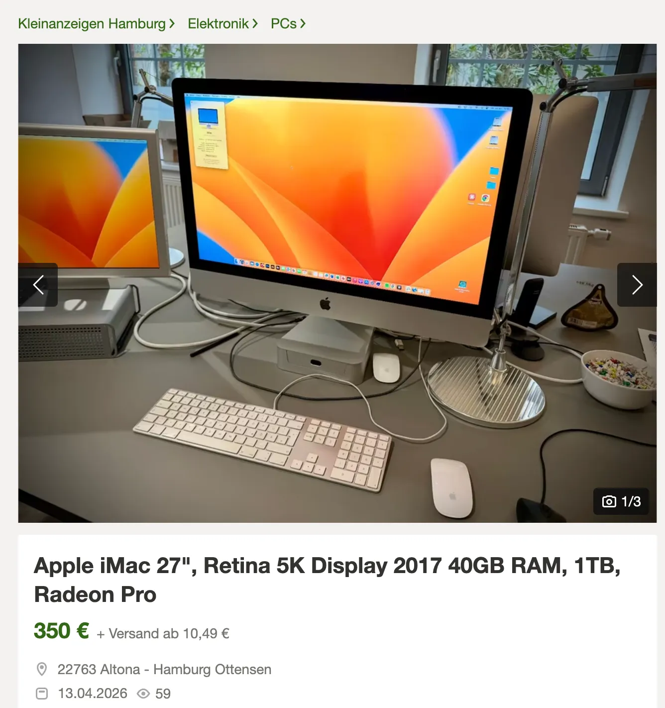 A post of a Kleinanzeigen deal for a 2017 iMac with 40 gb ram